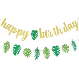Hawaiian Happy Birthday Banner and Tropical Palm Garland Banner, Tropical Happy Birthday Banner Luau Birthday Banner for Hawaiian Luau Tropical Theme Birthday Party Supplies