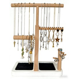 Solid Wood Jewelry Tower Organizer - 3-Tier Tree Holder Stand with 11 Earring Holes, 2 T-bar for bracelets Necklace or watches, Ring Tree & Display Tray (White)