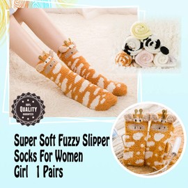Fuzzy Socks For Women Slipper Socks Fluffy Winter Warm Soft Cozy Plush Cute Animal Sleeping Christmas Socks (Giraffe, One Size)