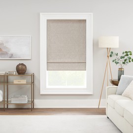 Eclipse Drewton Motorized 100% Blackout Cordless 27 in Wide x 64 in Long Textured Roman Shade in Linen
