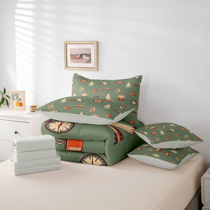 Camper Adventure Theme 7 Pieces Bedding Set Full Size,Happy Camping