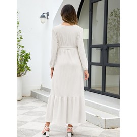 AISWI Women's Maternity Maxi Dress with Belt Long Sleeve Crew Neck Pregnancy Dresses with Pockets Baby Shower Photoshoot, White, Medium