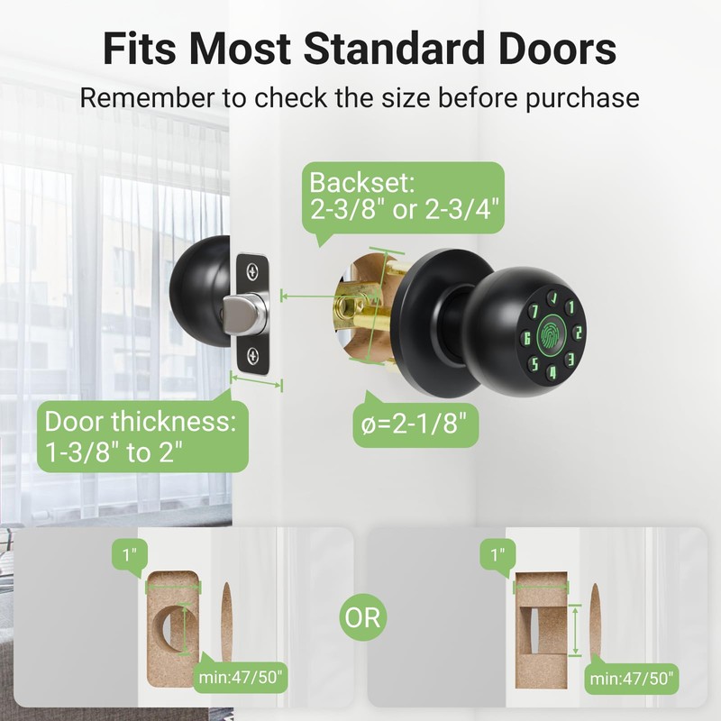 Smart Fingerprint Door Knob for Bedroom, Biometric Door Lock with