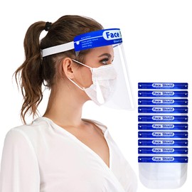 Safety Face Shields 10 Pack, Protective Face Shield Mask with Clear Wide Visor, Lightweight Transparent Dustproof Windproof Full Face Shield, Elastic Band for Women Men with 2 Protective Films