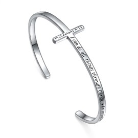 Sterling Silver Sideways Cross Bangle Faith Hope Love Cross Bangle Engraved Bracelet for Women Sister Girlfriend Gift, Sterling Silver , no available