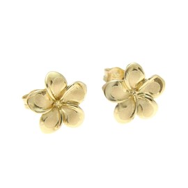 14K solid yellow gold Hawaiian 9mm plumeria flower stud earrings