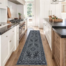 KUTA Runners for Hallways 2x8 Black Navy Blue, Vintage Medallion Kitchen Rugs Non-Slip Ultra Soft Washable Printed Retro Distressed Vintage Carpet Entryway Runners for Bedroom Laundry Nursery