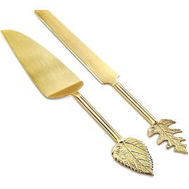 Folkulture - Juego de cuchillos y servidores para tartas de boda, juego de corte de pasteles de acero inoxidable o juego de servir para tartas, juego de postre grande de 2 piezas, hoja dorada