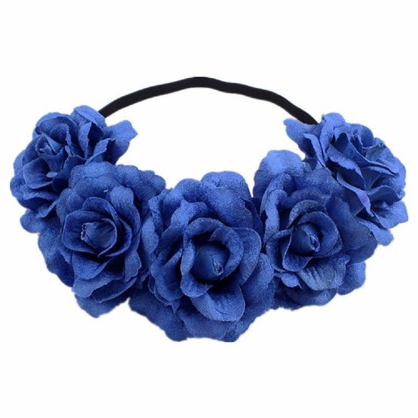 DreamLily Rose Flower Crown Wedding Festival Headband Hair Garland Wedding Headpiece (3-Royal Blue)