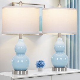 Double Gourd Ceramic Table Lamps Set of 2, Blue Modern Bedside Lamps for Living Room, 22" Contemporary Nightstand Desk Lamps for Bedroom End Table Home Office Study Room Decor(2 LED Bulbs Included)