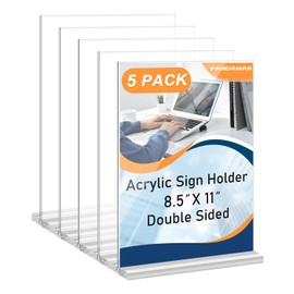 PANDAMAN 5 Pack Acrylic Sign Holder 8.5 x 11 - Vertical Double Sided Acrylic Stands for Display, Plastic Flyer Holder 8.5 x 11 Standing for Picture Paper Holder for Mall Office Home Store Restaurant
