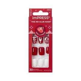 KISS imPRESS Holiday Press On Nails, ‘Feelin' Festive’, Red, Short Squoval, 3D Effect, Improved Super Hold Adhesive, 30 Fake Nails, Prep Pad, Mini Nail File, & Manicure Stick