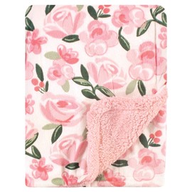 Hudson Baby Unisex Baby Plush Mink and Sherpa Blanket, Green Floral, One Size