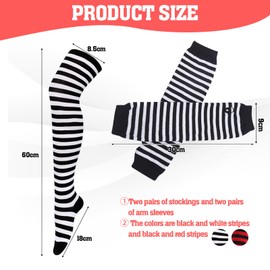 ZOCONE 4 Pairs Striped Thigh High Socks Arm Warmers Set, Over the Knee Thigh High Long Socks with Fingerless Gloves for Women Girls, Striped Knee High Socks Arm and Leg Warmers Set UK 4-6(Black)