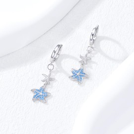 LONAGO Ocean Earrings for Women 925 Sterling Silver Blue Shell Starfish Drop Earrings, Sterling Silver, Cubic Zirconia