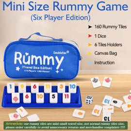 Doublefan Mini Rummy Cube Game, Mini Size Rummy Set with Portable Canvas Bag, Small Travel Board Game for Adult and Kids,160 Tiles, 6 Playing Rack, 1 Dice (2-6 Players)