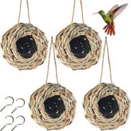 TIHOOD 4PCS 5.5inch Hanging Hummingbird Nest House for Outside, Ball Shape, Hand Woven, Durable Sturdy, Made of Natural Grass, Perfect for Garden Patio Lawn Office Indoor