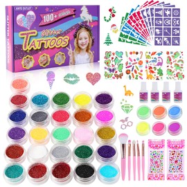 Glitter Tattoo Set Children, Glitter Tattoos Children's Set, 32 Colours, 139 Glitter Tattoo Stencils, 40 + Temporary Tattoos Children 238 Glitter Face and 4 Glues, Gifts for Girls Party Birthday