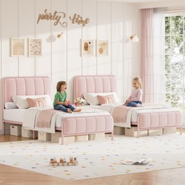 HITHOS Twin Size Bed Frame, Upholstered Pink Bed Frame with Button Tufted Headboard, Heavy Duty Metal Mattress Foundation with Wooden Slats, Easy Assembly, No Box Spring Needed (Pink, Twin)