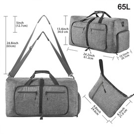 Foldable Duffle Bag Large 65L Luggage Bag Overnight Weekender Travel Sports Gym Bag Water Repellent Grey