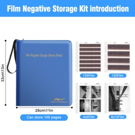 eTone Film Negative Storage Box, PU Leather 3-Ring Binder Album, Gold Foil, 13.18x7.08x1.96 Inch, Velvet Lined for 35mm 120 4x5 8x10 Negatives (Blue)