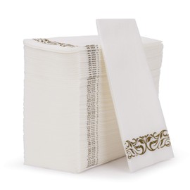 Decorative Hand Towels, Gold Flower 100pcs, Disposable Linen-Feel Guest Towels – Formal Dinner, Anniversary, and Wedding Napkins for Tables, Guestrooms, and Restrooms - 8.5 x 4 -Inches Folded by Fete,