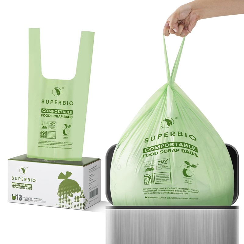 SUPERBIO 13 Gallon Handle Tie Compostable Food Waste Bags, 30