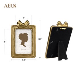 AELS 4x6 Inch Vintage Beaded Picture Frame, Elegant Antique Bow Photo Frames with Glass Front, Photo Display, Tabletop Wall Hanging, Gift Ideas, Golden Bronze