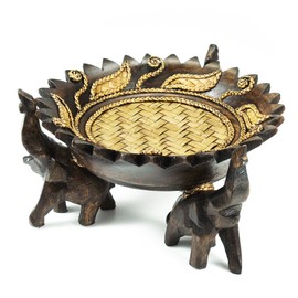AeraVida Triumphant Elephants Carved Rain Tree Wooden Bowl | Handmade Rustic Decorative Bowl for Serving Snacks, Fruits, and Home Decor | Eco-Friendly Nature-Inspired Centerpiece (Style4)