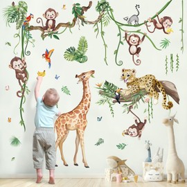 wondever Jungle Animals Tree Branch Wall Stickers Safari Leopard Giraffe Monkey Peel and Stick Wall Art Decals for Baby Nursery Kids Bedroom Living Room