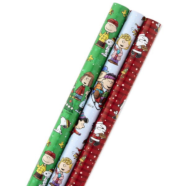 Hallmark Christmas Peanuts Wrapping Paper with Cut Lines on Reverse (Pack of 3, 105 sq. ft. ttl) Snoopy, Charlie Brown, Woodstock (5JXW1036)