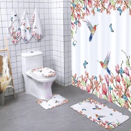 Newwiee 7 Pcs Shower Curtain Set Themed Bathroom Decor Shower Curtain and Mats Towels Toilet Mat Waterproof Watercolor Bath Curtain Accessories (Hummingbird)