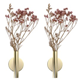 JUXYES Pack of 2 Wall Flower Vase Tube Metal Flower Vase with Sticker, Modern Dried Flower Holder Wall Decoration for Porch Home Office