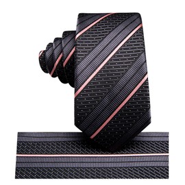 Hi-Tie Black Pink Boys Tie 8-10 Silk Striped Self-Tied Kids Tie for Boy 12-14 Stripe Youth Necktie and Pocket Square Set