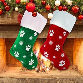 AnyDesign 2pcs Large Christmas Stockings 8.7 x 18.1inch Dog Paw Print Snowflake Pattern Hanging Stockings Red Green Christmas Decorations Gift Bag Hanging Ornament for Xmas Holiday Party Pet Home