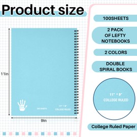 Jutom 2 Pads Jumbo Left Handed Notebook 11" x 8.5" Lefty Wire Bound Notebooks 200 Pages Inspirational Left Handed Journal Spiral for Lefties School Office(Macaron Blue, Macaron Pink,Cute)
