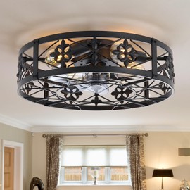 ZYD Caged Ceiling Fan with Light, 20" Ceiling Fan with Lights and Remote Flush Mount, Bladeless Caged Ceiling Fans with Lights, Matte Black Rustic Fan for Bedroom, Kitchen, Dining Room