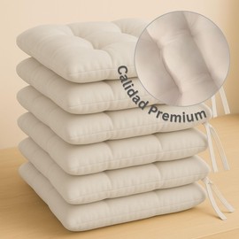 ALVANA Set de 6 Cojines Acolchados para Silla de Comedor con Lazos Relleno Ideal Almohadillas para los Asientos Medidas 42 x 42 x 7 cm (6, Beige)