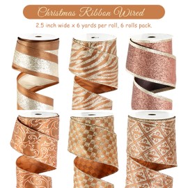 Mayreel Christmas Ribbon Wired 2.5" Copper and Gold Christmas Tree Ribbon Garland Copper Wire Ribbon for Wreaths, Tree Topper Bows, Crafts, Home Decor, Gift Wrapping, 6 Rolls 36 Yards Total