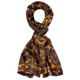 Lorenzo Cana - Men's Reversible Scarf Harmonious Colours - Front Printed Silk - Back Woven Wool - 30 cm x 160 cm Blue Gold, blue