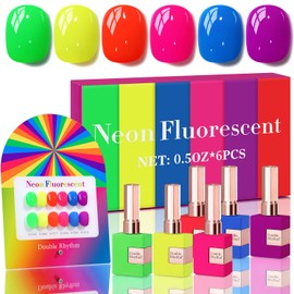 Double Rhythm 6 Pcs 15 ML Gel Polish Set Same Color Same Bottle Soak Off Gel Polish Kit Nail Art Manicure Salon DIY at Home for Women (Neon Green Red Pink Blue Purple-T6-12)
