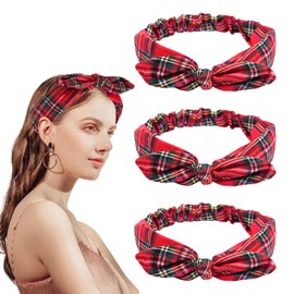 AOVNA 3Pcs Tartan Red Headbands Rabbit Ear Hairband Crossover Twist Knot Headband Vintage Checkered Tartan Christmas Headwear Xmas Costume Accessories for Girls