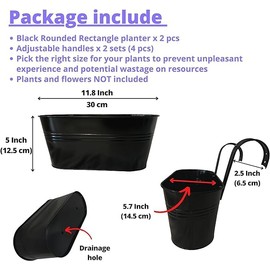 Maxona Metal Iron Hanging Flower Pots, 2 Pack, 11.8 Inch Oval Black Railing Fence Hanging Bucket Pots Countryside Style Window Flower Plant Holder with Detachable Hooks Home Décor