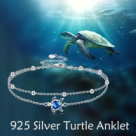 NIFUNAO Sea Turtle Anklets for Women 925 Sterling Silver Ankle Bracelets for Women Ankle Bracelets Women's Anklets Double Layered Chain for Women