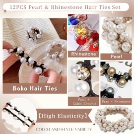 12PCS Fancy Pearl and Rhinestone Hair Ties for Women, Beaded Ponytail Holders with Fancy Decorative Ponytail Holder, Elegant Rhinestone Hair Tie Bracelets, Pretty Pearl Scrunchies for Girls(12PCS,A)