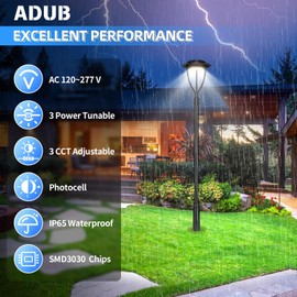 ADUB LED Post Light 80W 60W 48W, Outdoor LED Post Top Light 3000K/4000K/5000K Adjustable, ETL DLC Listed Fixture with Photocell, IP65 Commercial Lamp Pole Lighting, AC 100-277V
