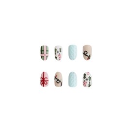 Christmas Press on Nails Short Almond Winter Fake Nails Green Full Cover Xmas Lights Bow False Nails with Designs Matte Glue on Nails Cute Acrylic Nails Manicure Artificial Nails for Women Girls 24Pcs