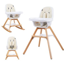 HONEY JOY Baby High Chair, 4 in 1 Convertible Wooden Highchair/Booster Seat/Rocking Chair/Toddler Chair with 5-Point Safety Harness, 3-Position Adjustable Feeding Tray for Infant Toddler (Beige)