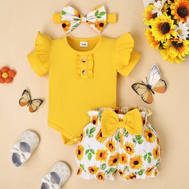 0-3 Months Baby Girl Clothes Summer Outfits Ruffle Sleeve Romper Newborn Flower Butterfly Shorts Set with Bow Headband Yellow