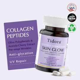 Tidora Skin Glow Collagen Supplement – Anti-Wrinkle, UV Repair & Anti-Glycation with Olive Polyphenols, Hyaluronic Acid & Acerola – 60 Capsules